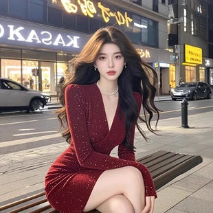 TZ6356法式轻奢风V领长袖连衣裙女富家千金高级感收腰显瘦包臀裙