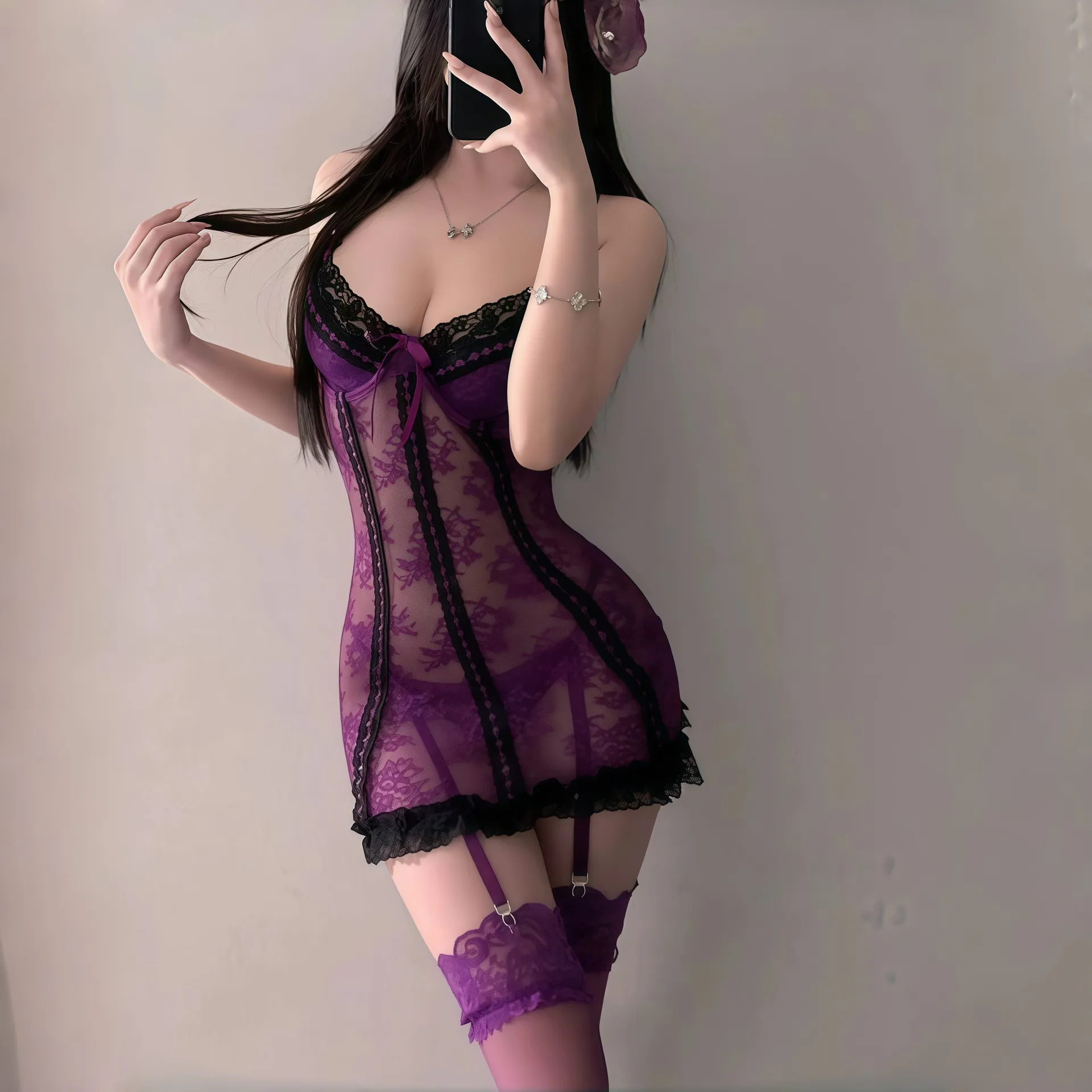 紫色内衣性感透视薄纱吊带睡裙