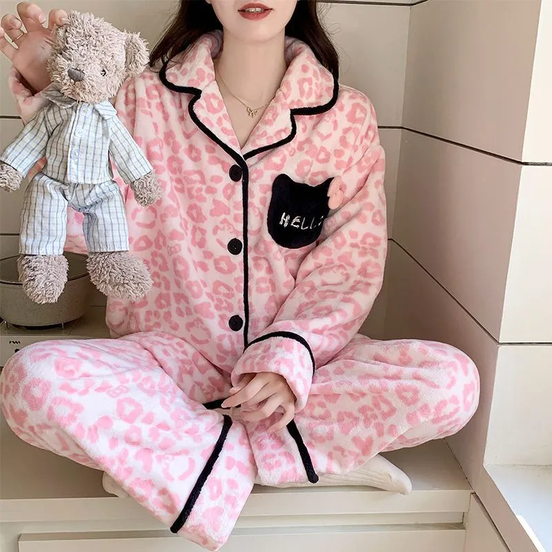 秋冬季新款法兰绒睡衣女加厚甜美公主风开衫长袖保暖家居服可外穿