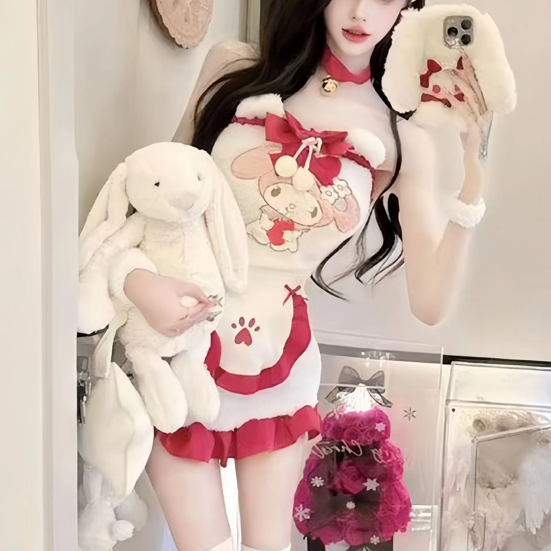 性感女主播女仆装kt奶猫小熊连衣裙格子花边睡裙私房包臀裙