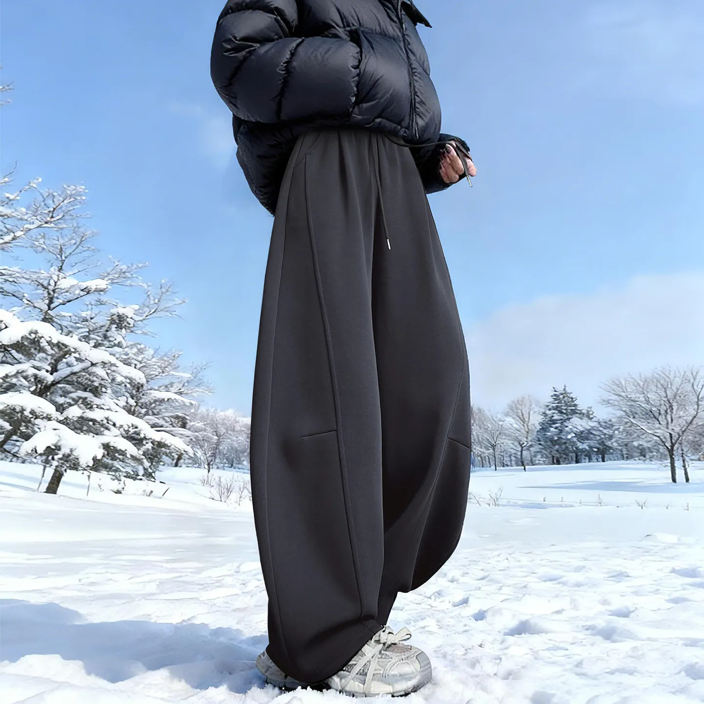 羊羔绒黑标弯刀运动裤女冬季2026新款大码垂感宽松小个子阔腿卫裤