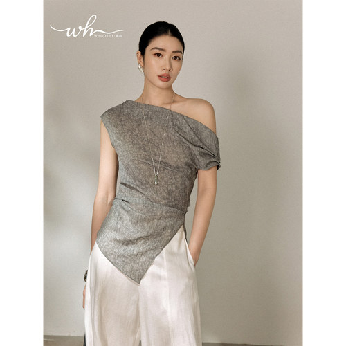 whooshi雾莳「灰调流光」不规则灰色针织上衣设计感短袖女夏季