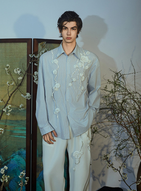 介尺JIECHI「望川白梅」新中式国风宽松条纹衬衫男高级感贴花上衣