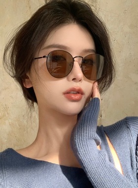 韩国复古茶色圆形大脸显瘦太阳镜