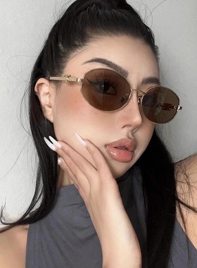 美式复古金属椭圆猫眼墨镜
