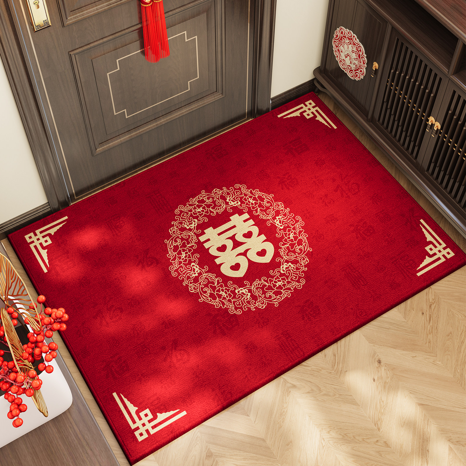 新中式高端结婚房喜字脚垫入户门地垫红色喜庆防滑地毯可定制裁剪