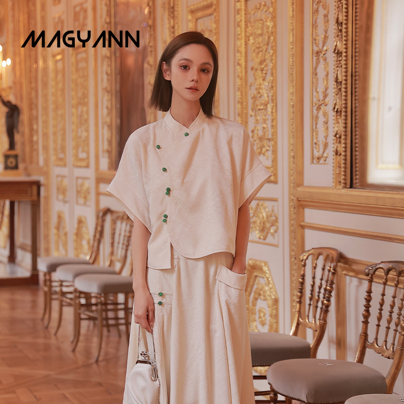 【清平乐】Magyann设计师款原创素雅新中式不对称开口短袖上衣女