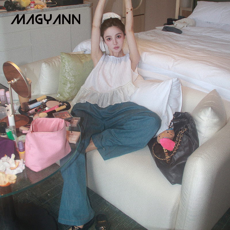【海浪流沙】Magyann设计师原创2025夏休闲弧形袋口阔腿裤牛仔裤