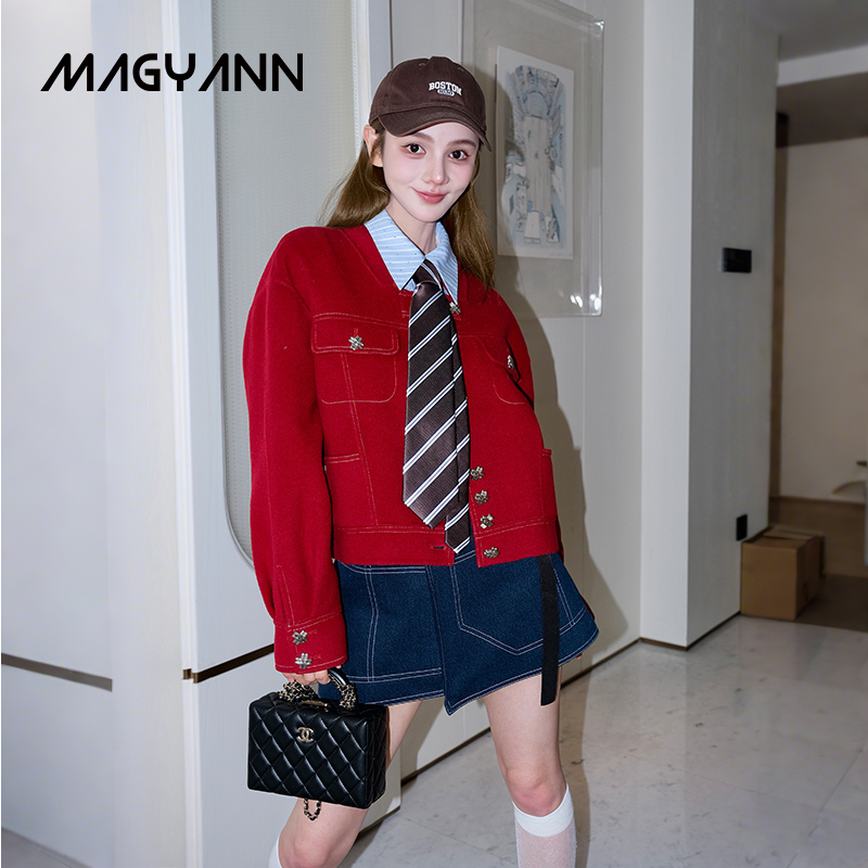 【明星同款】Magyann设计师原创2025秋安哥拉红小立领口袋短大衣