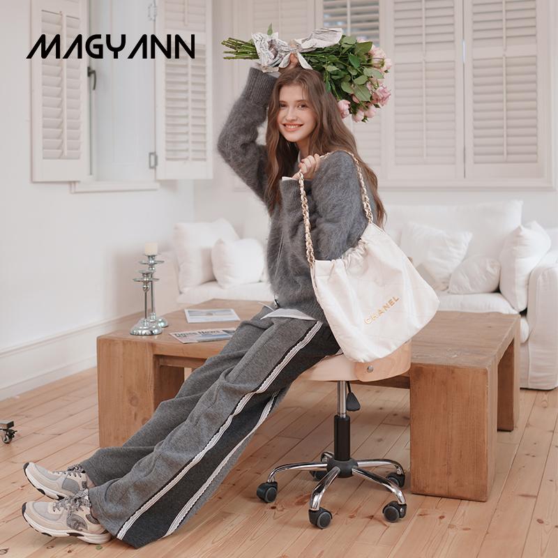 【蕾迹】Magyann2025冬设计师原创拼罗口立体线运动裤阔腿长裤女