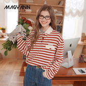 女 T恤条纹拼色POLO衫 悬日 Magyann设计师原创2025秋花瓣领长袖