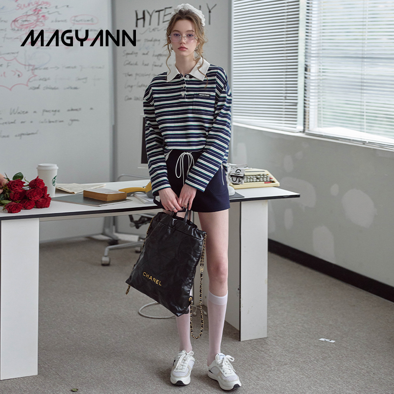 【康桥漫步】Magyann设计师原创2025夏休闲宽松条纹翻领T恤长袖女