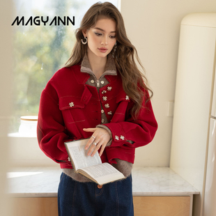 明星同款 Magyann2025春设计师安哥拉红小立领口袋短大衣外套