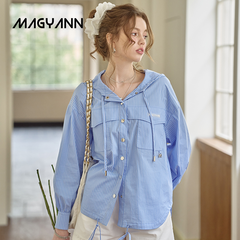 【海港晴空】Magyann设计师原创2025夏休闲条纹连帽口袋衬衫抽绳