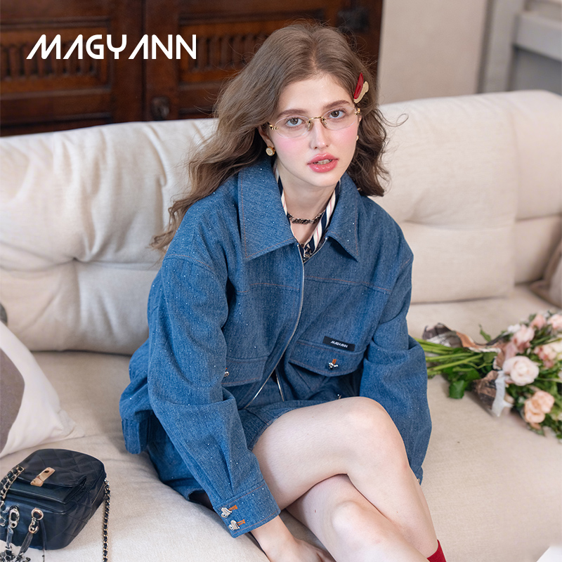 【蓝色星辰】Magyann设计师原创2025秋烫钻设计口袋拉链夹克外套