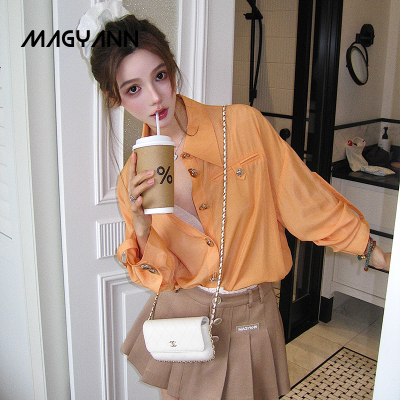 【橘子海】Magyann设计师原创2025夏休闲亮色宽松轻纱挽袖衬衫女
