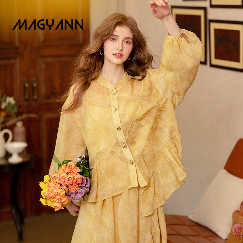 【玉光词】Magyann设计师原创2025秋气质灯笼袖抽皱木耳边衬衫女