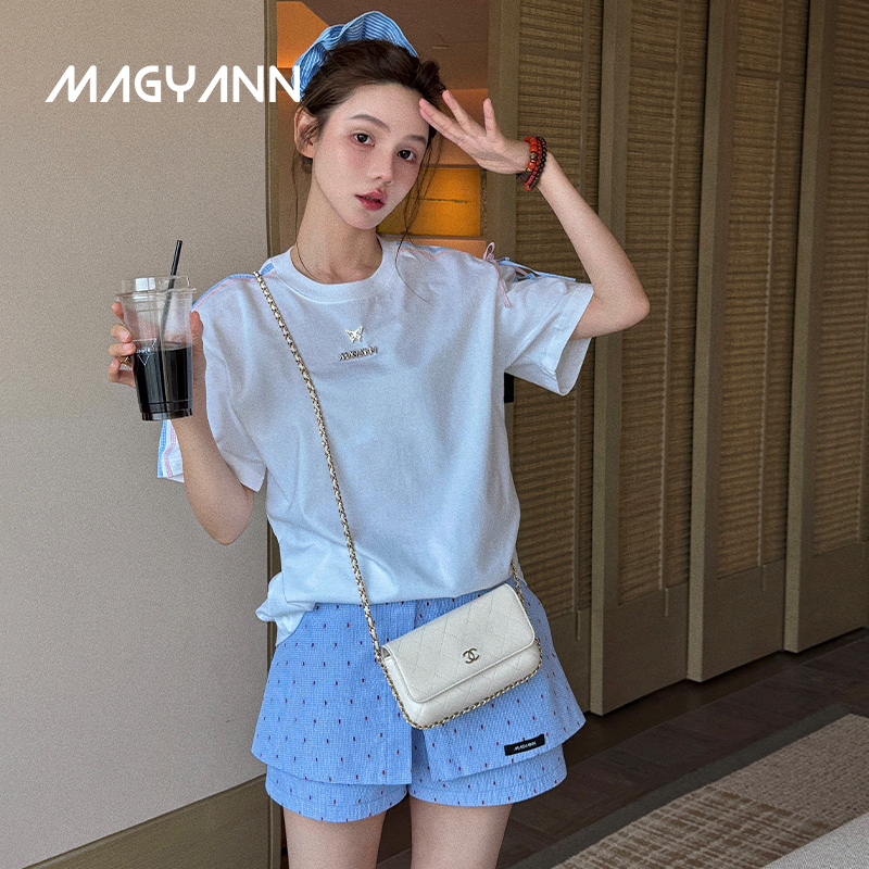 【粉蓝格】Magyann设计师原创2025夏休闲圆领蝴蝶结系带T恤短袖女