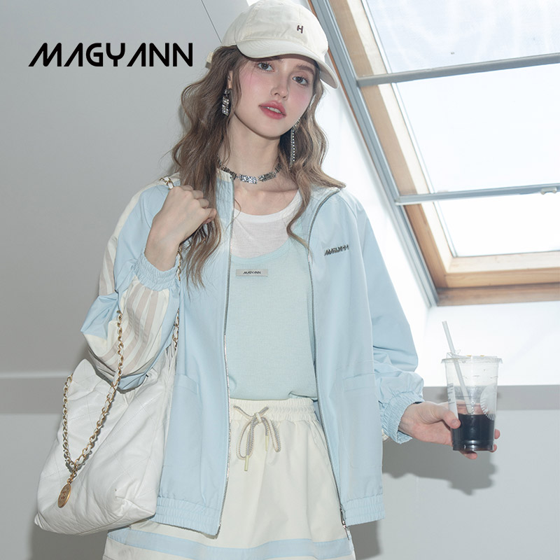 【蓝白之境】Magyann设计师原创2025秋休闲撞色条立领运动衫外套