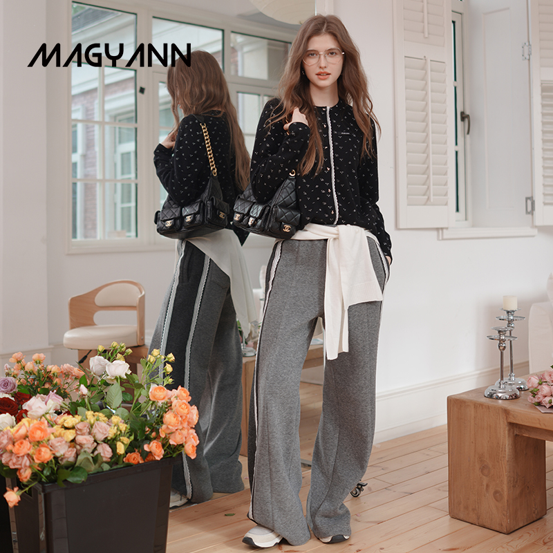 【蕾迹】Magyann设计师原创2025秋休闲阔腿裤拼罗口立体线运动裤