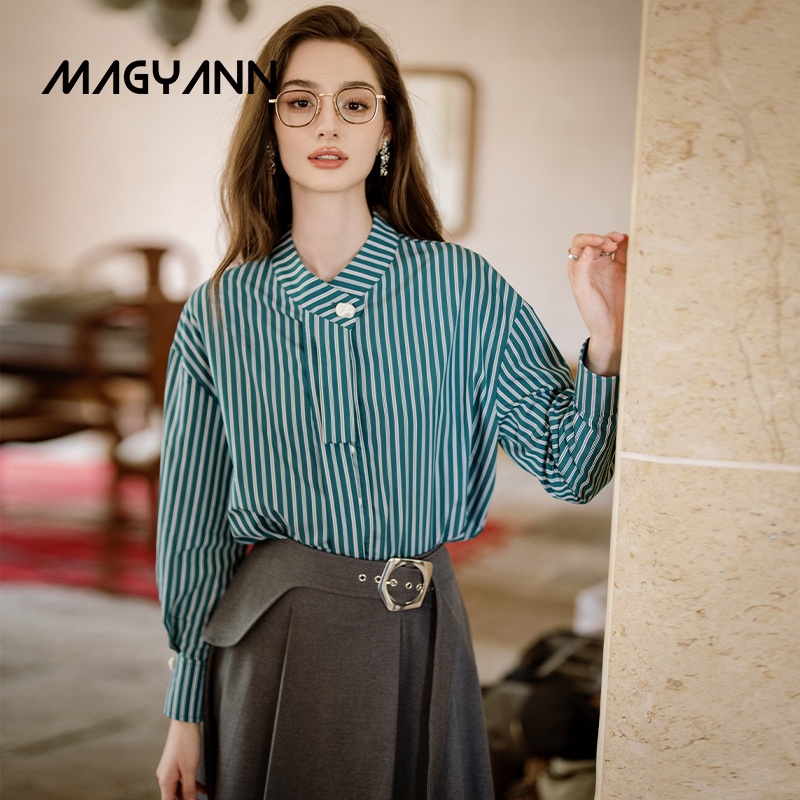 衬衫Magyann春秋翻领叠穿复古