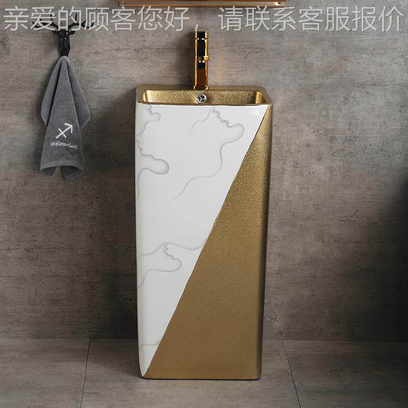 砂金柱盆镀金洗手盆落地式洗脸盆连280陶瓷体立盆一体盆欧式柱盆