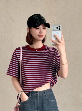 阿玛施专柜商场同款2026夏新款休闲圆领条纹宽松短袖t恤女530092