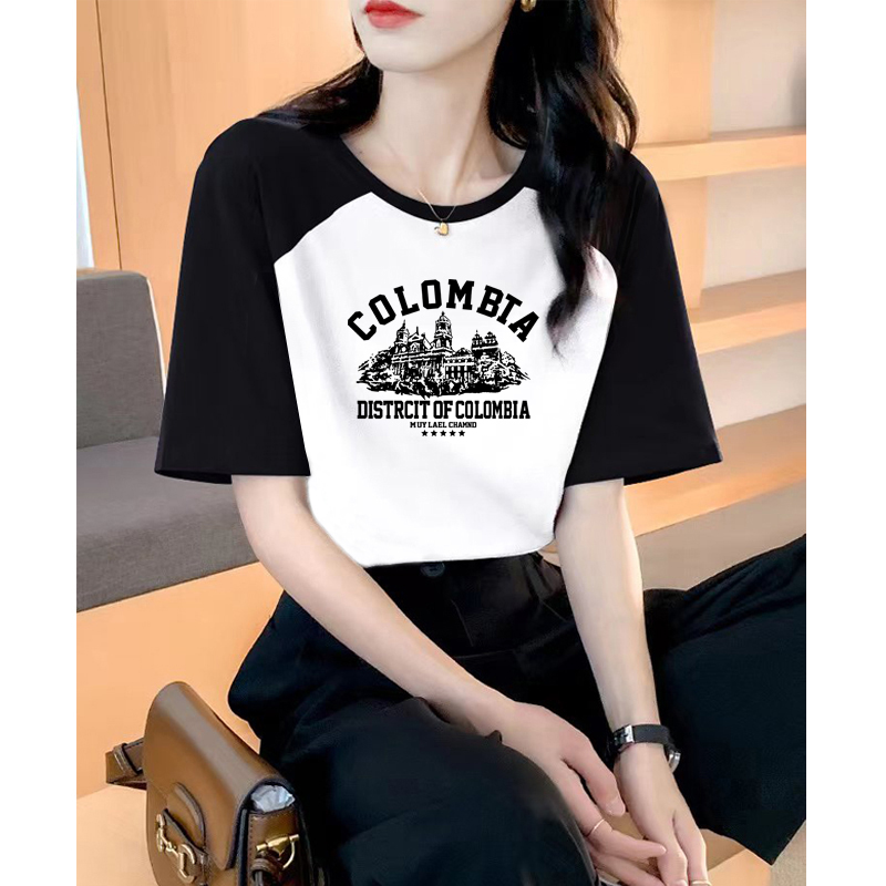 正肩t恤女短袖夏2025年新款黑白纯棉上衣宽松小个子撞色半袖体衫