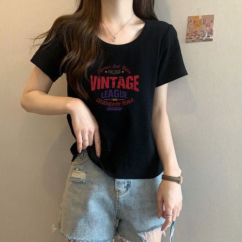 美式复古辣妹黑色短袖t恤女2026新款夏季小个子正肩显瘦小衫上衣