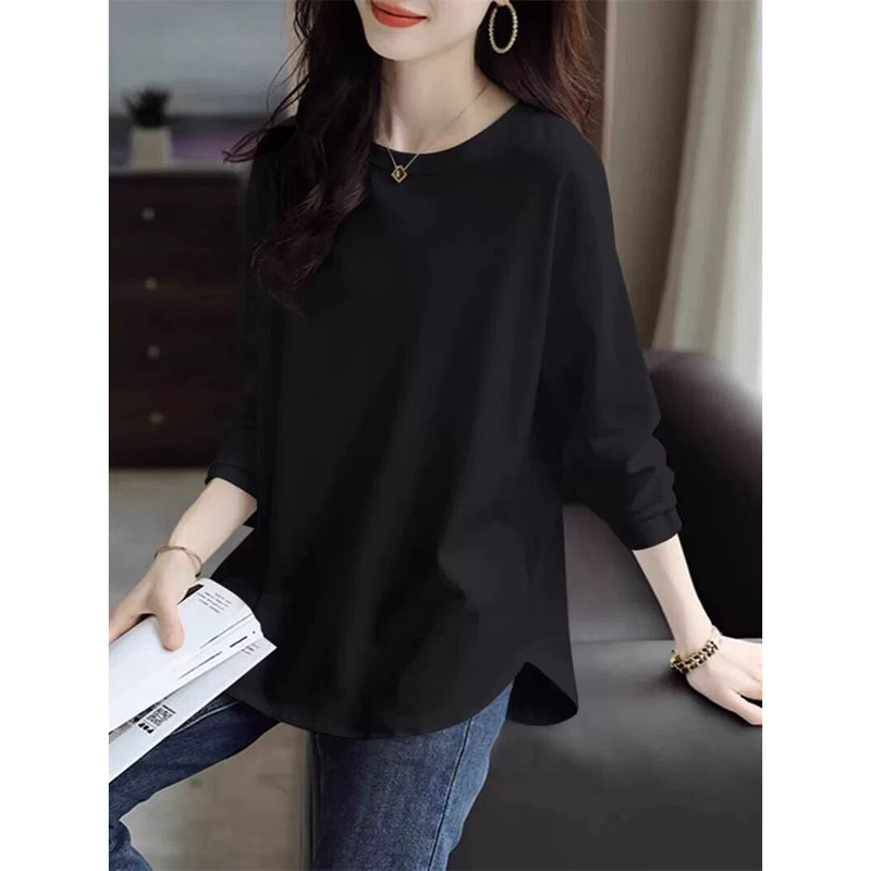 黑色早春秋中长款纯棉长袖t恤女外穿宽松显瘦下摆弧形遮屁股上衣