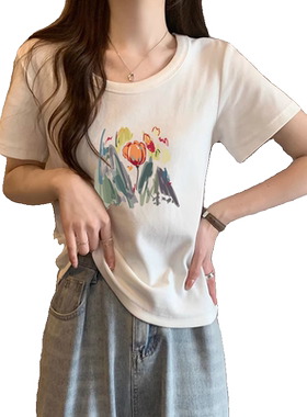 纯棉t恤女短袖夏装2026新款宽松胖妹妹花朵打底衫半截袖显瘦上衣