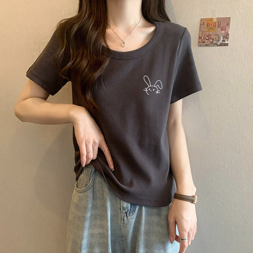 爆款大领口遮肉显瘦胖m短袖t恤女装薄款夏季宽松百搭纯棉体恤上衣