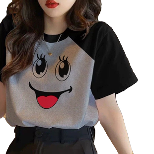 夏天纯棉短袖T恤少女15岁初中高中学生大码宽松插肩可爱笑脸上衣