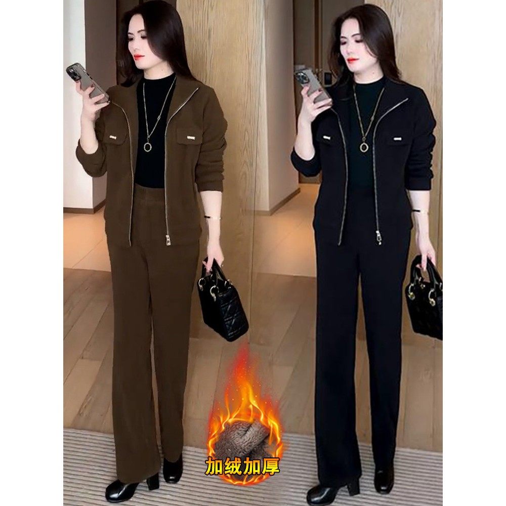 茉莉高定加绒休闲运动套装女2024冬季新款时髦短外套阔腿裤两件套