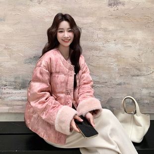 粉色新中式国风提花短款羽绒服女韩系冬保暖减龄90白鸭绒加厚外套