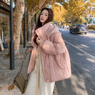 粉色收腰羽绒服女冬季中长款小个子针织连帽拼接加厚白鸭绒面包服