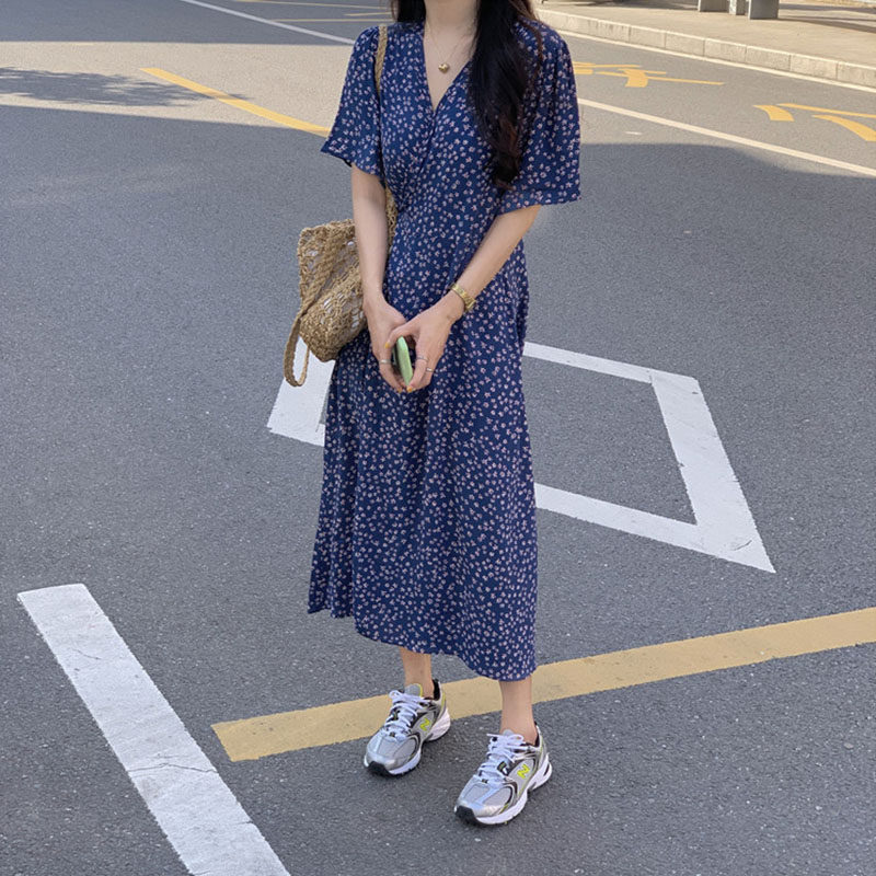 FRENCH BLUE FLORAL DRESS TEMPERAMENT GODDESS FAN CHIFFON DRESS SUMMER WAIST CINCHED THIN FLORAL SKIRT