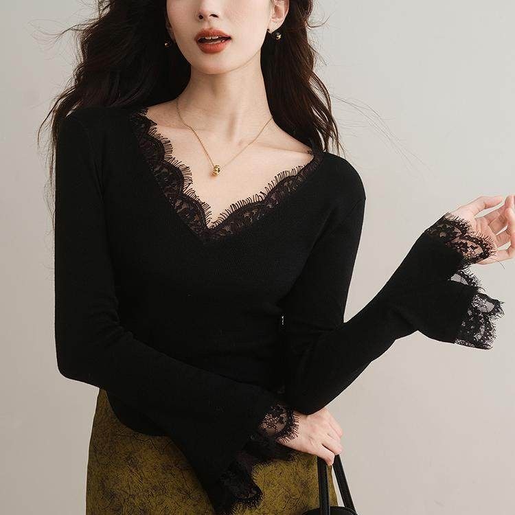 DORACTR重磅！法式蕾丝拼接V领羊毛针织衫女秋季修身内搭打底上衣,女装/女士精品,大码内搭,淘宝优惠券,粉丝福利购,淘宝优惠卷