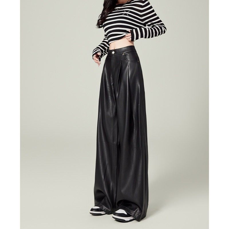 英国DGKP黑色皮裤女2025秋冬新款百搭高腰直筒显瘦PU皮阔腿裤休闲,女装/女士精品,休闲裤,淘宝优惠券,粉丝福利购,淘宝优惠卷