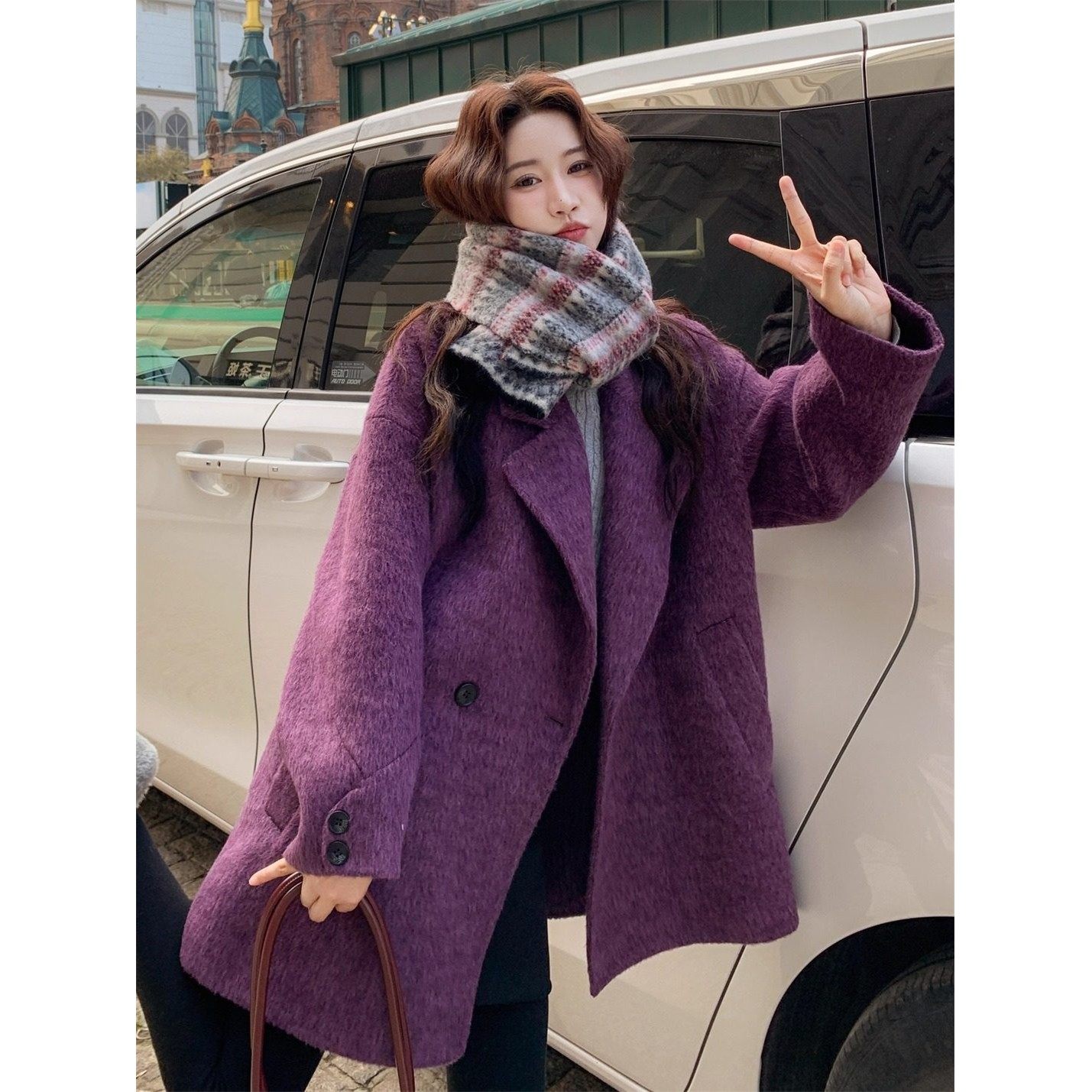 超好看蓝莓紫双面羊绒毛呢大衣女2025冬季厚实保暖中长款呢子外套