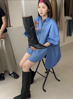 widelia早秋新款韩版时尚女士中筒靴子小众黑色丑丑靴骑士靴1028