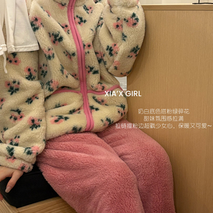 粉花立领拉链款 FC7103 保暖睡衣睡裤 睡衣套装 家居服套装 XIA夏夏