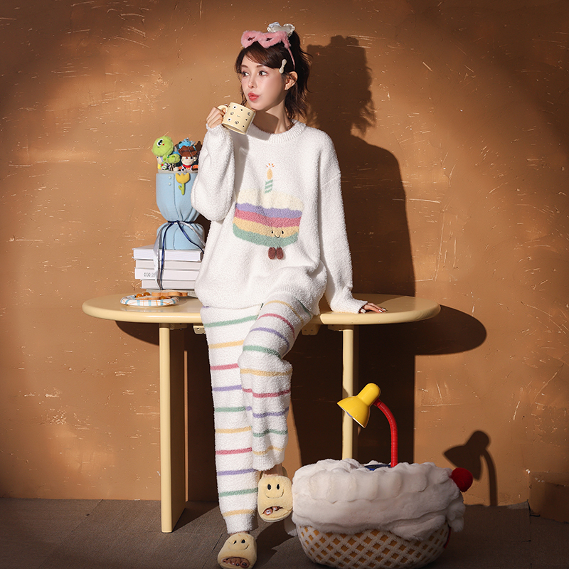 嫚琳雅-领家居服2025秋冬新品慵懒上衣+裤子可外穿睡衣套装XJ3244