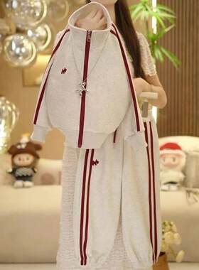 春秋季带帽宽松显瘦条纹休闲加厚两件套跑步美式高街运动套装女童
