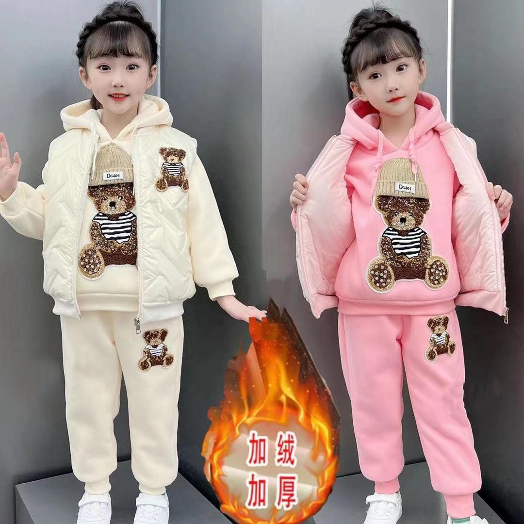 女童马甲加绒加厚卫衣三件套2025冬季新款洋气小女孩卡通休闲套装