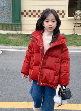 女童羽绒棉服2023冬款女童韩版纯色拉链短款面包服儿童加厚上衣