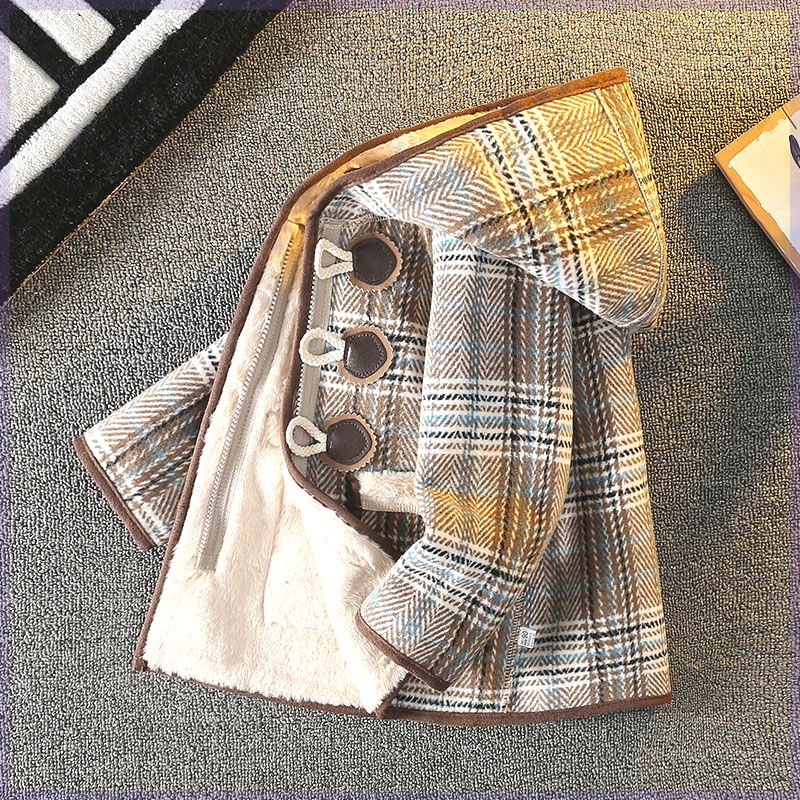 男童毛呢外套呢子大衣秋冬儿童男宝宝小童加绒一体绒炸街格子冬装