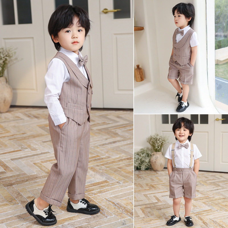 男童礼服夏季条纹马甲西装短袖背带裤套装儿童六一钢琴主持