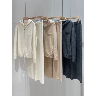 开衫女裤针织腰阔腿新款套装女装LP拉链羊绒休闲连帽秋冬毛衣松紧