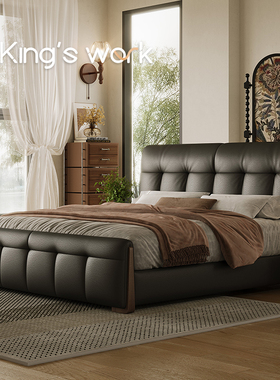 高端大气中古复古风现代轻奢风真皮主次卧大床实木头层牛皮青皮